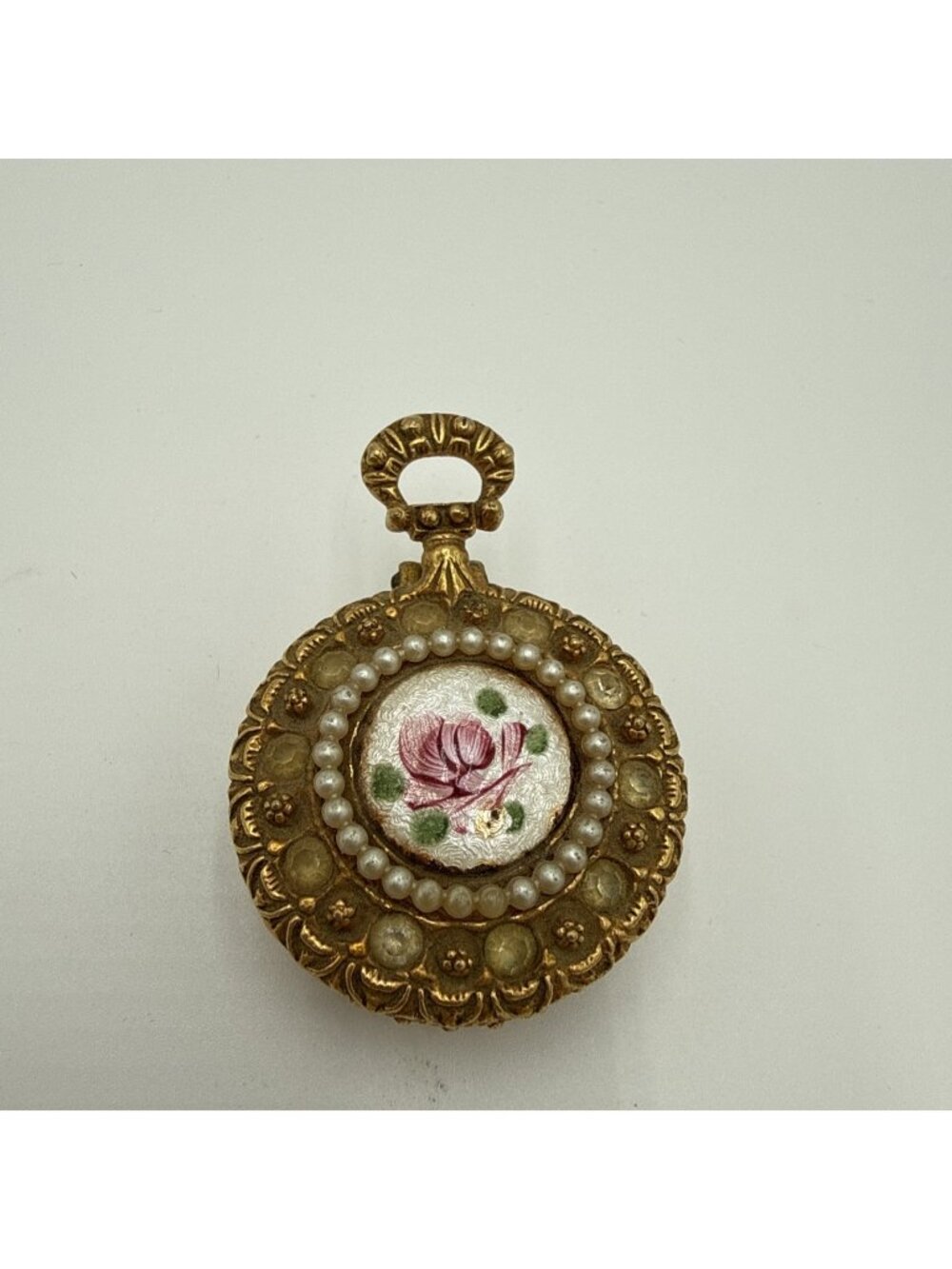 Florenza Vintage Perfume Scent Locket Pendant Watch Enamel Rose Ornate Trinket
